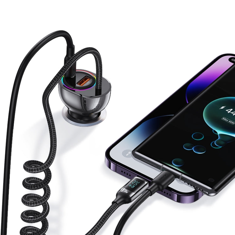 USAMS US-CC193 C37 60W Type-C+USB Dual Port Car Charger with Digital Display 30W 8 Pin Spring Data Cable(Tarnish) - Car Charger by USAMS | Online Shopping South Africa | PMC Jewellery | Buy Now Pay Later Mobicred