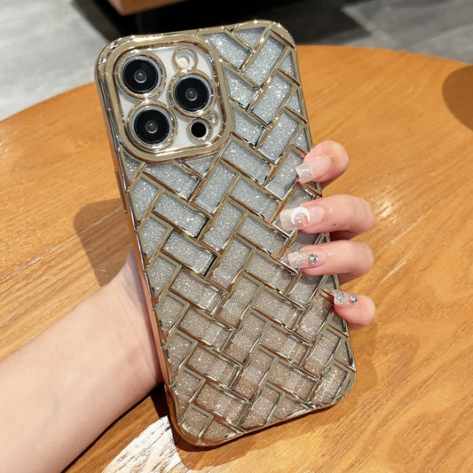 For iPhone 13 Pro Max Woven Grid 3D Electroplating Laser Engraving Glitter Paper Phone Case(Gold) - iPhone 13 Pro Max Cases by PMC Jewellery | Online Shopping South Africa | PMC Jewellery