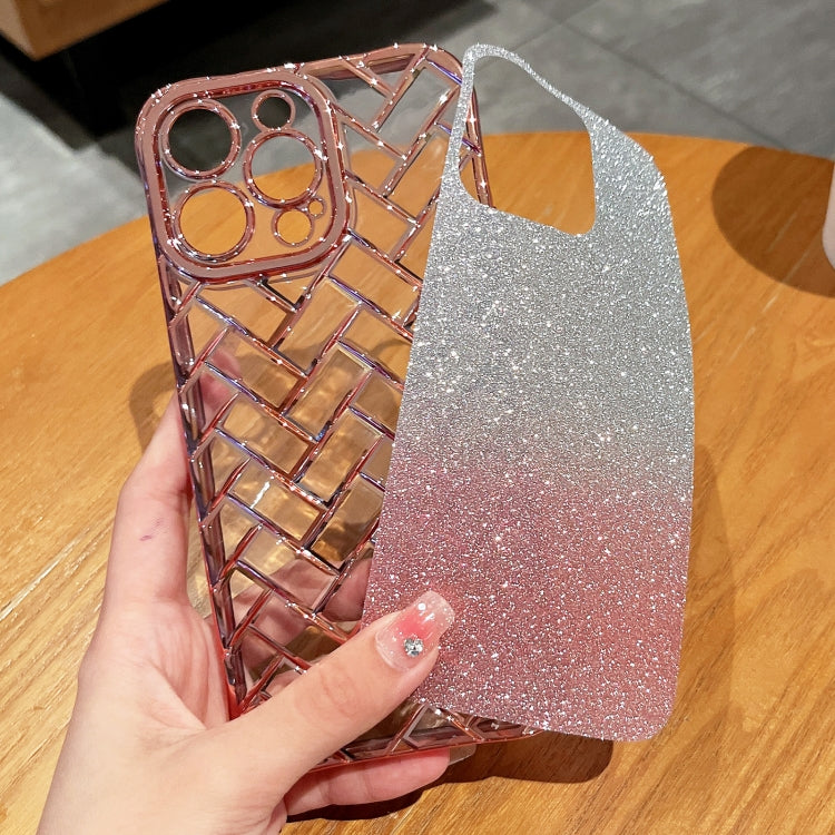 For iPhone 14 Pro Max Woven Grid 3D Electroplating Laser Engraving Glitter Paper Phone Case(Rose Gold) - iPhone 14 Pro Max Cases by PMC Jewellery | Online Shopping South Africa | PMC Jewellery