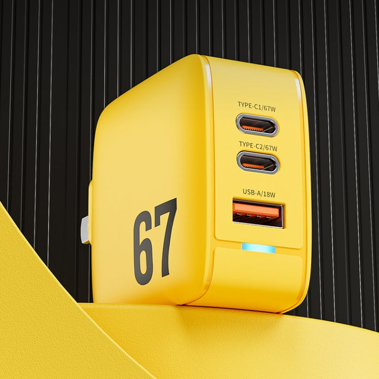 WK WP-U141 67W USB+Double USB-C / Type-C GaN Charger, Plug:CN Plug(Yellow) - free shipping - PMC TechLife - Order now!