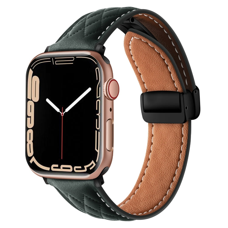 For Apple Watch 8 45mm  Folding Buckle Rhombus Leather Watch Band(Green) - Watch Bands by PMC TechLife | Online Shopping South Africa | PMC TechLife