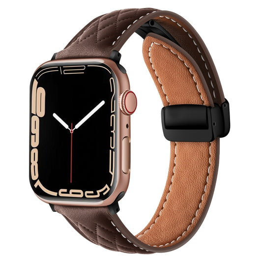 For Apple Watch 7 41mm Folding Buckle Rhombus Leather Watch Band(Coffee) - Watch Bands by PMC Jewellery | Online Shopping South Africa | PMC Jewellery