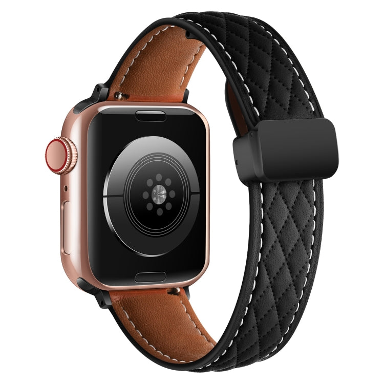 For Apple Watch 6 44mm Folding Buckle Rhombus Leather Watch Band(Black) - Watch Bands by PMC TechLife | Online Shopping South Africa | PMC TechLife