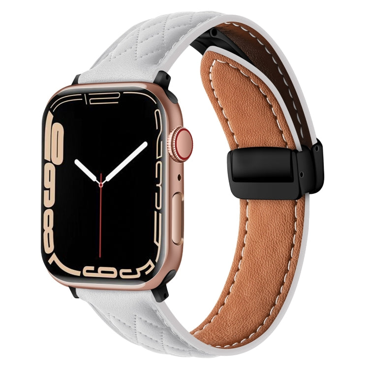 For Apple Watch 5 44mm Folding Buckle Rhombus Leather Watch Band(White) - Watch Bands by PMC TechLife | Online Shopping South Africa | PMC TechLife