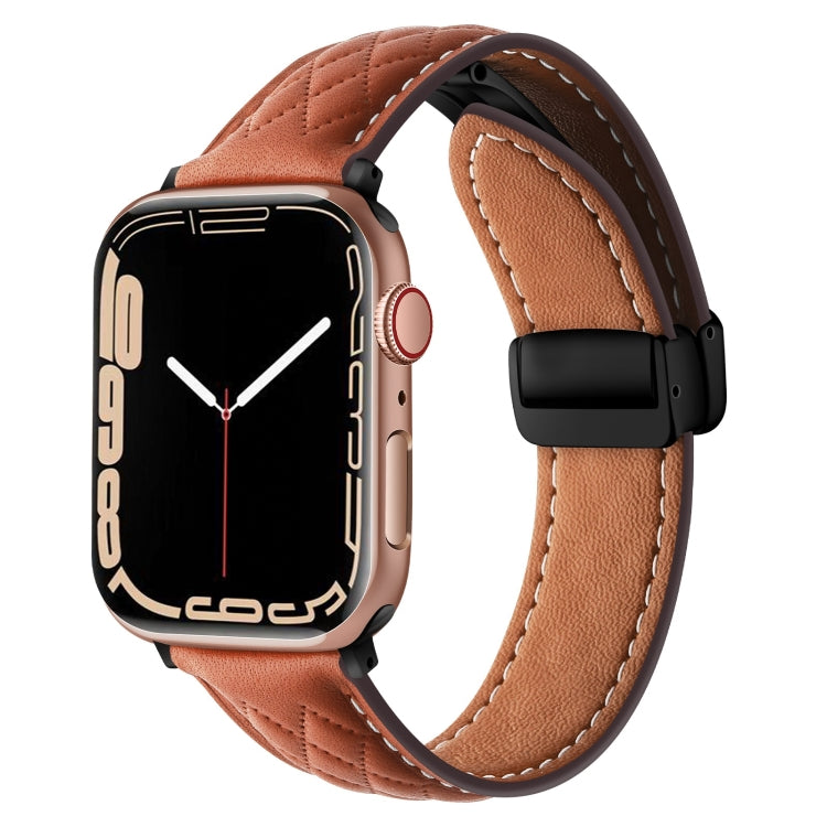For Apple Watch 4 44mm Folding Buckle Rhombus Leather Watch Band(Brown) - Watch Bands by PMC TechLife | Online Shopping South Africa | PMC TechLife