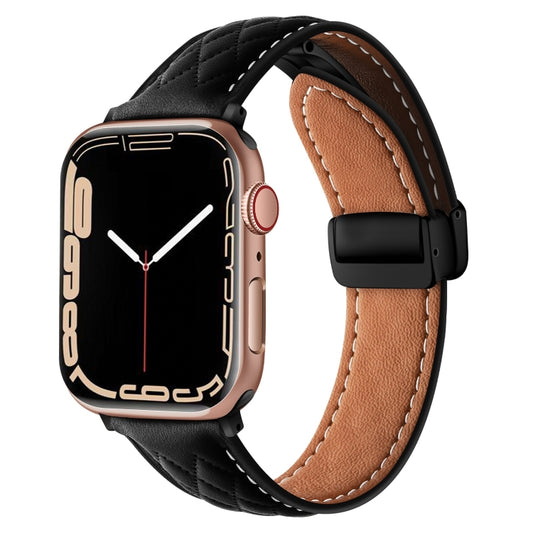 For Apple Watch 2 42mm Folding Buckle Rhombus Leather Watch Band(Black) - Watch Bands by PMC Jewellery | Online Shopping South Africa | PMC Jewellery