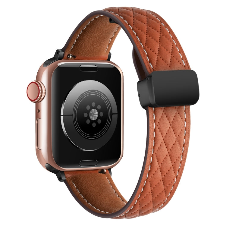 For Apple Watch 42mm Folding Buckle Rhombus Leather Watch Band(Brown) - Watch Bands by PMC TechLife | Online Shopping South Africa | PMC TechLife