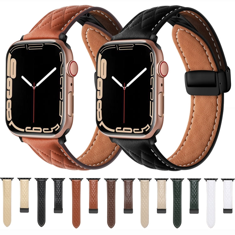 For Apple Watch 6 44mm Folding Buckle Rhombus Leather Watch Band(Brown) - Watch Bands by PMC TechLife | Online Shopping South Africa | PMC TechLife