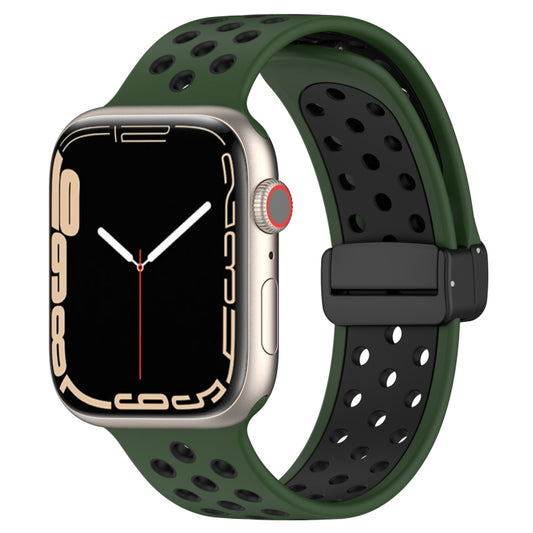 For Apple Watch SE 44mm Magnetic Buckle Silicone Watch Band(Army Green Black) - Watch Bands by PMC Jewellery | Online Shopping South Africa | PMC Jewellery