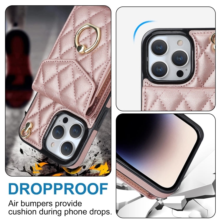 For iPhone 13 Pro Max Rhombic Texture Card Bag Phone Case with Long Lanyard(Rose Gold) - free shipping - PMC TechLife - Order now!
