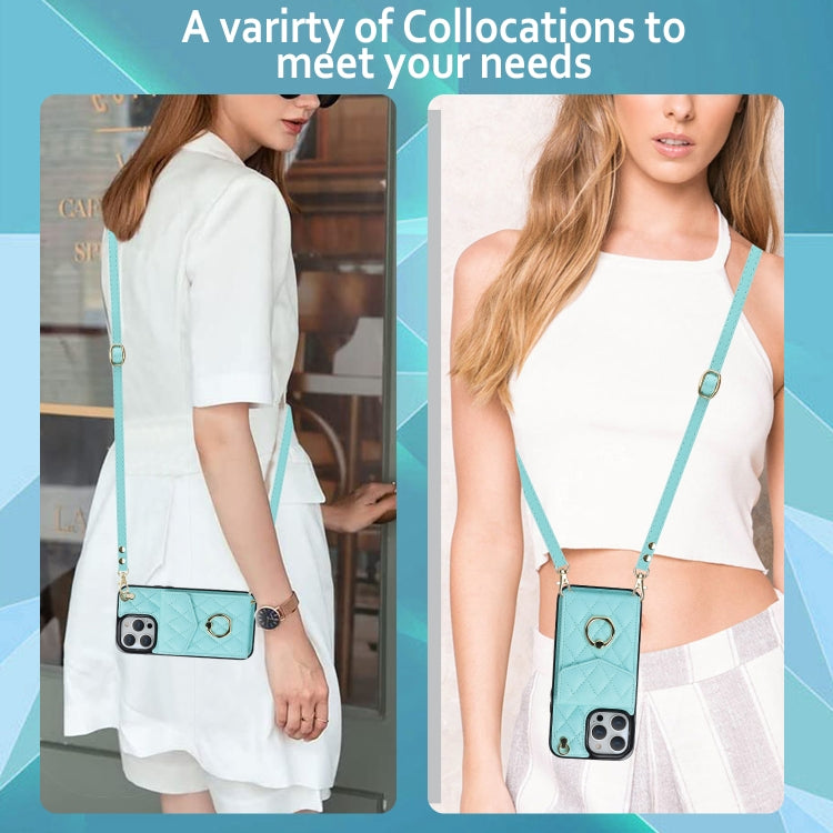 For iPhone 15 Pro Max Rhombic Texture Card Bag Phone Case with Long Lanyard(Mint Green) - free shipping - PMC TechLife - Order now!
