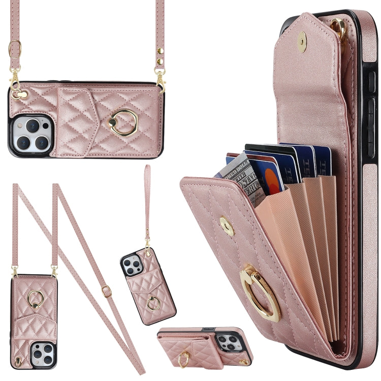 For iPhone 15 Pro Max Rhombic Texture Card Bag Phone Case with Long Lanyard(Rose Gold) - free shipping - PMC TechLife - Order now!
