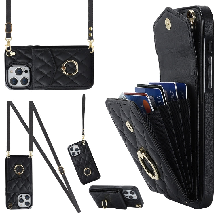 For iPhone 15 Rhombic Texture Card Bag Phone Case with Long Lanyard(Black) - iPhone 15 Cases by PMC TechLife | Online Shopping South Africa | PMC TechLife | Buy Now Pay Later Mobicred
