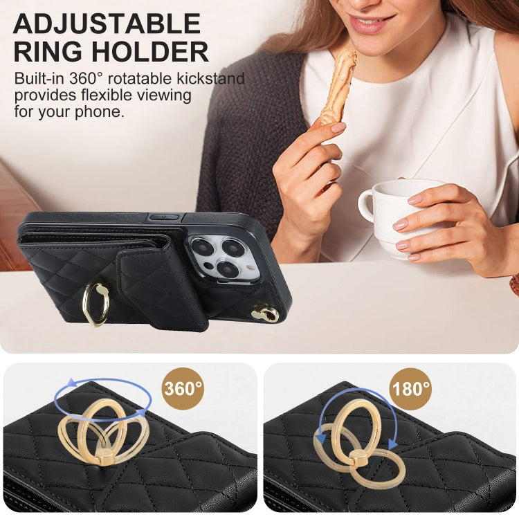 For iPhone 15 Rhombic Texture Card Bag Phone Case with Long Lanyard(Black) - iPhone 15 Cases by PMC TechLife | Online Shopping South Africa | PMC TechLife | Buy Now Pay Later Mobicred