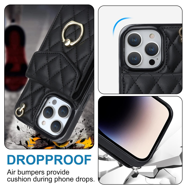 For iPhone 15 Rhombic Texture Card Bag Phone Case with Long Lanyard(Black) - iPhone 15 Cases by PMC TechLife | Online Shopping South Africa | PMC TechLife | Buy Now Pay Later Mobicred