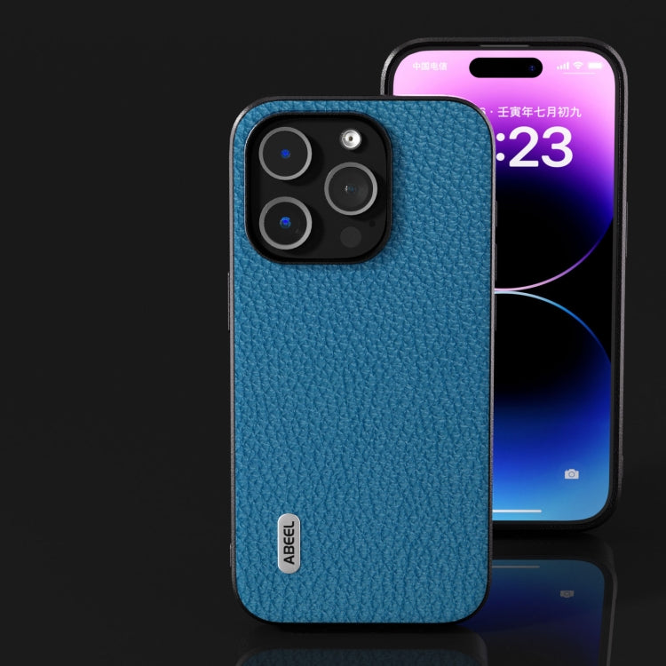 For iPhone 14 Pro Max ABEEL Genuine Leather Litchi Texture Phone Case(Blue) - free shipping - PMC TechLife - Order now!