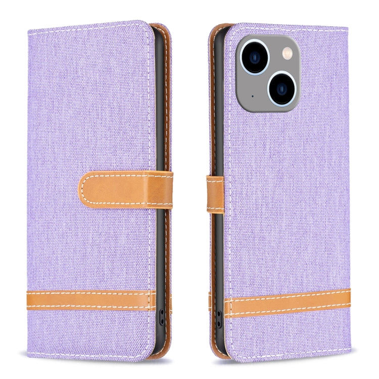 For iPhone 15 Plus Color Block Denim Texture Leather Phone Case(Purple) - free shipping - PMC TechLife - Order now!