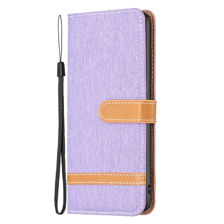 For iPhone 15 Plus Color Block Denim Texture Leather Phone Case(Purple) - iPhone 15 Plus Cases by PMC Jewellery | Online Shopping South Africa | PMC Jewellery