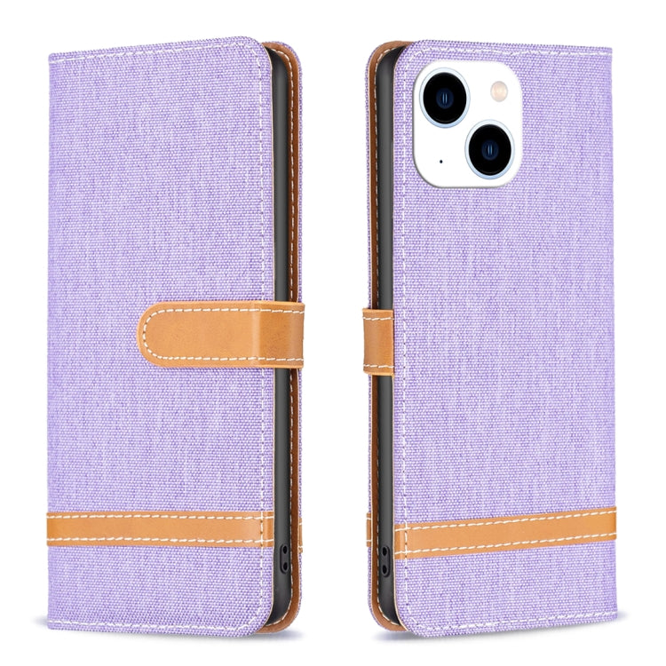 For iPhone 15 Color Block Denim Texture Leather Phone Case(Purple) - iPhone 15 Cases by PMC Jewellery | Online Shopping South Africa | PMC Jewellery