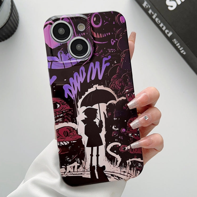 For iPhone 15 Plus Painted Pattern Precise Hole PC Phone Case(Black Purple Umbrella Boy) - iPhone 15 Plus Cases by PMC TechLife | Online Shopping South Africa | PMC TechLife