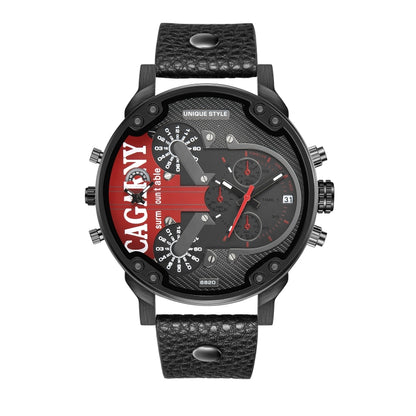 CAGARNY 6820 Men Dual Movement Red Face Leather Strap Quartz Watch(Black) - Leather Strap Watches by PMC Jewellery | Online Shopping South Africa | PMC Jewellery