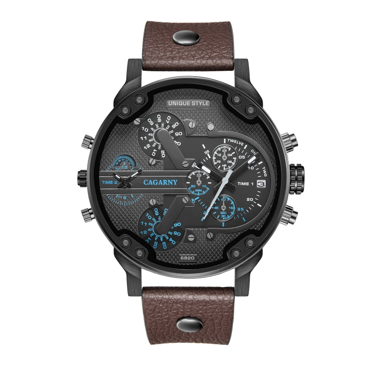 CAGARNY 6820 Men Dual Movement Blue Face Leather Strap Quartz Watch(Brown) - Leather Strap Watches by CAGARNY | Online Shopping South Africa | PMC Jewellery