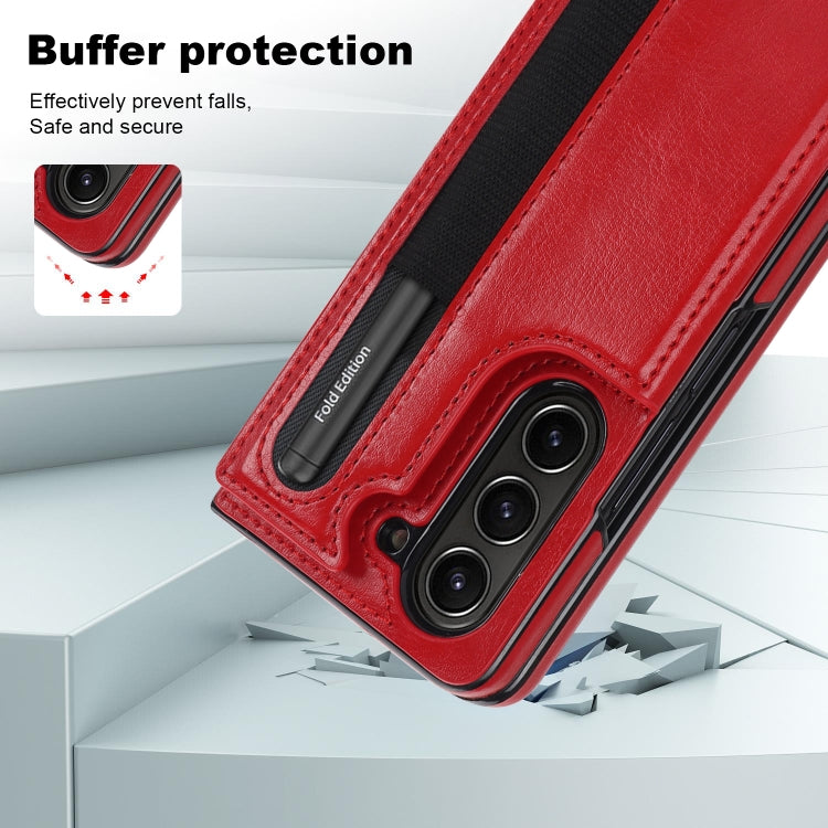 For Samsung Galaxy Z Fold5 Full Coverage Fold Double Buckle PU Phone Case with Pen Slots(Red) - Galaxy Z Fold5 Cases by PMC TechLife | Online Shopping South Africa | PMC TechLife | Buy Now Pay Later Mobicred