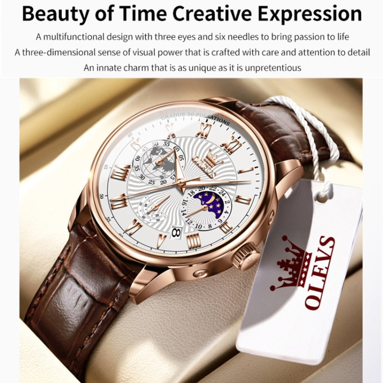 OLEVS 2893 Men Multifunctional Business Quartz Watch(Brown + White) - Leather Strap Watches by OLEVS | Online Shopping South Africa | PMC Jewellery | Buy Now Pay Later Mobicred