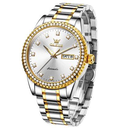 OLEVS 7003 Men Multifunctional Waterproof Mechanical Watch(Gold + White) - Metal Strap Watches by OLEVS | Online Shopping South Africa | PMC Jewellery | Buy Now Pay Later Mobicred