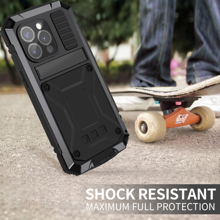 For iPhone 15 Pro Max R-JUST Shockproof Life Waterproof Dust-proof Metal + Silicone Phone Case with Holder(Black) - iPhone 15 Pro Max Cases by R-JUST | Online Shopping South Africa | PMC Jewellery | Buy Now Pay Later Mobicred