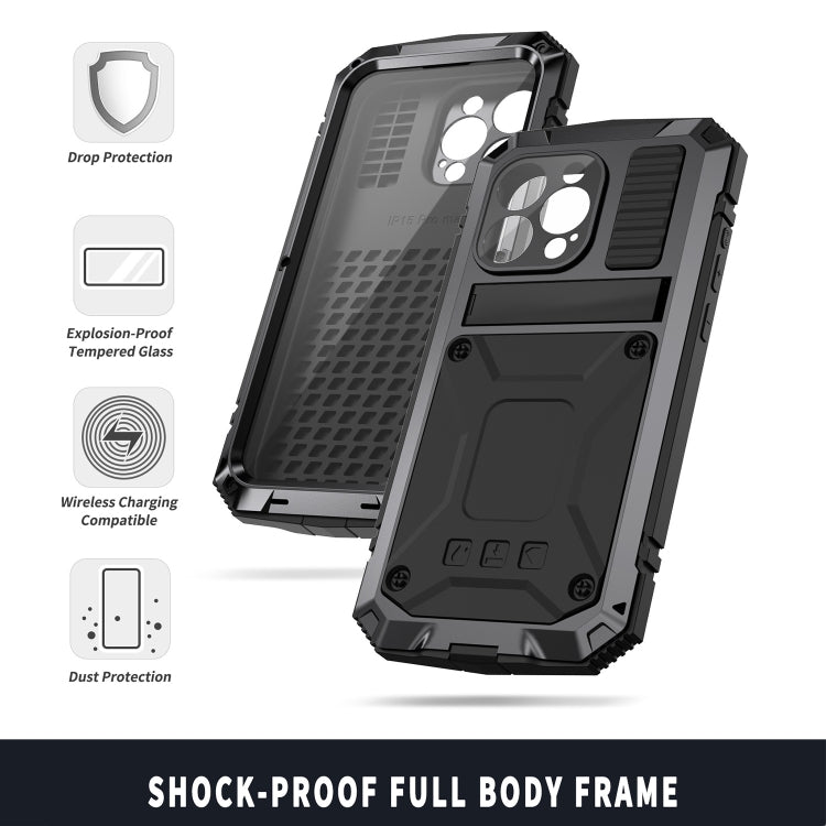 For iPhone 15 Pro Max R-JUST Shockproof Life Waterproof Dust-proof Metal + Silicone Phone Case with Holder(Black) - iPhone 15 Pro Max Cases by R-JUST | Online Shopping South Africa | PMC Jewellery | Buy Now Pay Later Mobicred