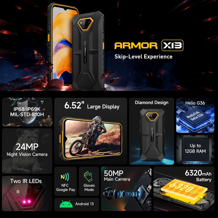 Ulefone Armor X13, 6GB+64GB, IP68/IP69K Rugged Phone, 6.52 inch Android 13 MediaTek Helio G36 Octa Core, Network: 4G, NFC, OTG(All Black) - Ulefone by Ulefone | Online Shopping South Africa | PMC Jewellery | Buy Now Pay Later Mobicred