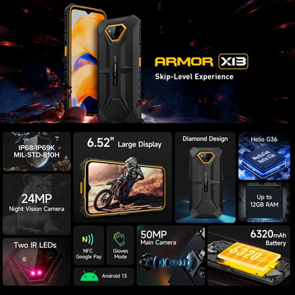 Ulefone Armor X13, 6GB+64GB, IP68/IP69K Rugged Phone, 6.52 inch Android 13 MediaTek Helio G36 Octa Core, Network: 4G, NFC, OTG(All Black) - Ulefone by Ulefone | Online Shopping South Africa | PMC Jewellery | Buy Now Pay Later Mobicred