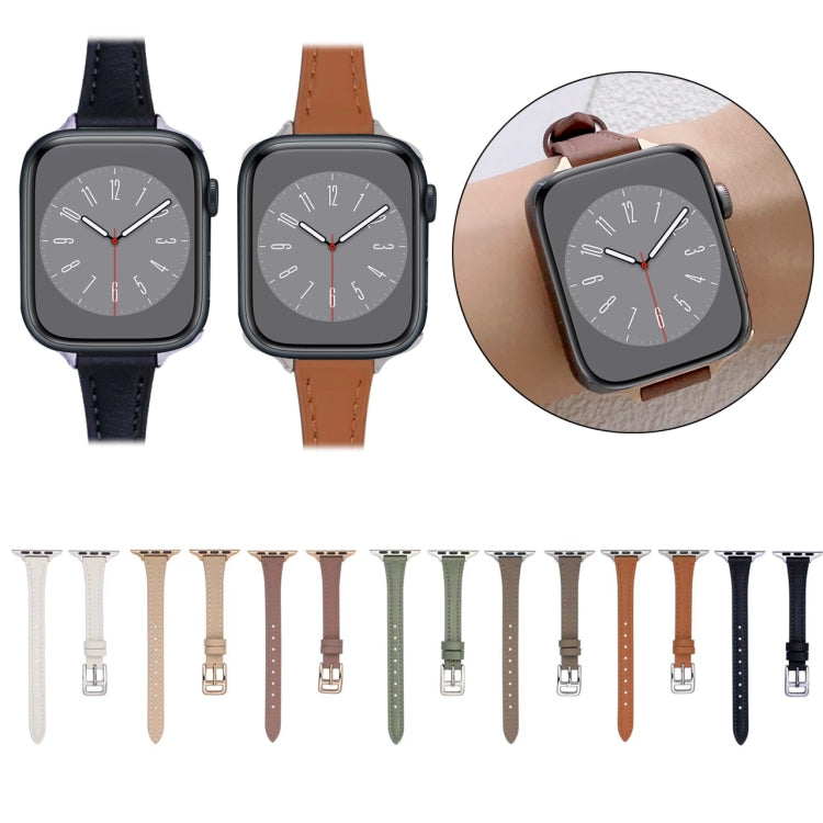 For Apple Watch 9 41mm T-shaped Slim Genuine Leather Watch Band(Light Green) - Watch Bands by PMC TechLife | Online Shopping South Africa | PMC TechLife