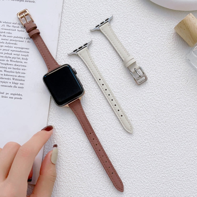 For Apple Watch 9 45mm T-shaped Slim Genuine Leather Watch Band(Light Green) - Watch Bands by PMC TechLife | Online Shopping South Africa | PMC TechLife
