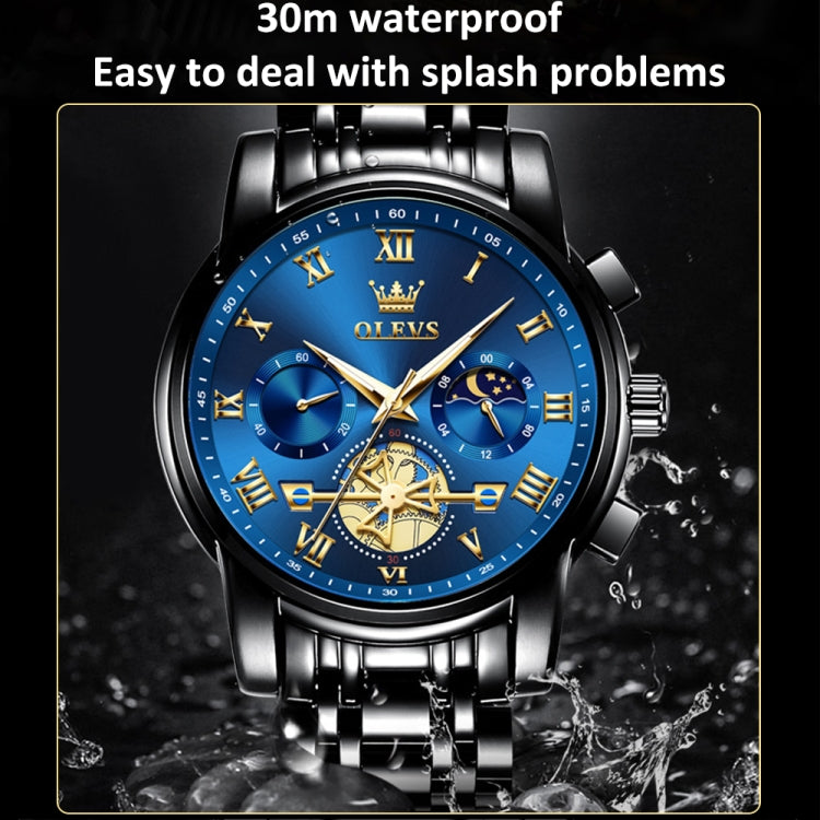 OLEVS 2859 Men Multifunctional Luminous Waterproof Quartz Watch(Black + Blue) - Metal Strap Watches by OLEVS | Online Shopping South Africa | PMC Jewellery