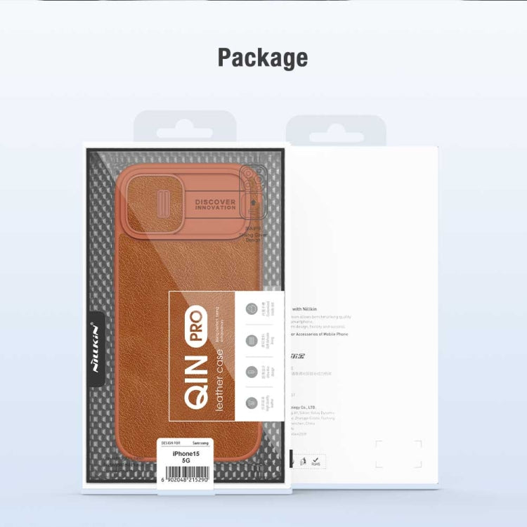 For iPhone 15 NILLKIN QIN Series Pro Sliding Camera Cover Design Leather Phone Case(Brown) - free shipping - PMC TechLife - Order now!