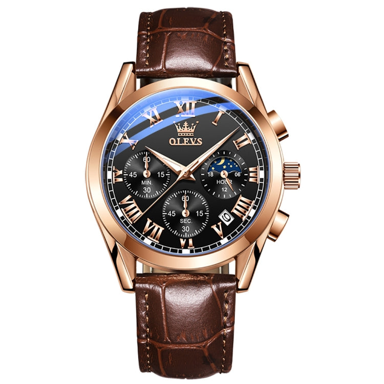 OLEVS 2871 Men Multifunctional Sports Chronograph Luminous Quartz Watch(Black + Rose Gold) - Leather Strap Watches by OLEVS | Online Shopping South Africa | PMC Jewellery | Buy Now Pay Later Mobicred