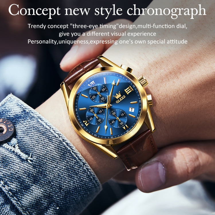 OLEVS 2872 Men Three Eyes Six Needles Chronograph Waterproof Quartz Watch(Blue + Gold) - Leather Strap Watches by OLEVS | Online Shopping South Africa | PMC Jewellery