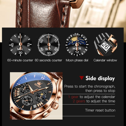 OLEVS 2876 Men Multifunctional Sports Chronograph Quartz Watch(Black + Rose Gold) - Leather Strap Watches by OLEVS | Online Shopping South Africa | PMC Jewellery | Buy Now Pay Later Mobicred