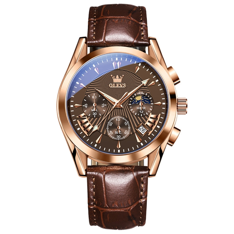 OLEVS 2876 Men Multifunctional Sports Chronograph Quartz Watch(Coffee + Rose Gold) - Leather Strap Watches by OLEVS | Online Shopping South Africa | PMC Jewellery | Buy Now Pay Later Mobicred