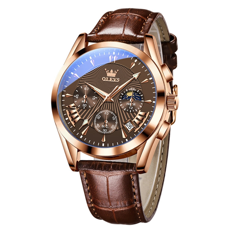 OLEVS 2876 Men Multifunctional Sports Chronograph Quartz Watch(Coffee + Rose Gold) - Leather Strap Watches by OLEVS | Online Shopping South Africa | PMC Jewellery | Buy Now Pay Later Mobicred