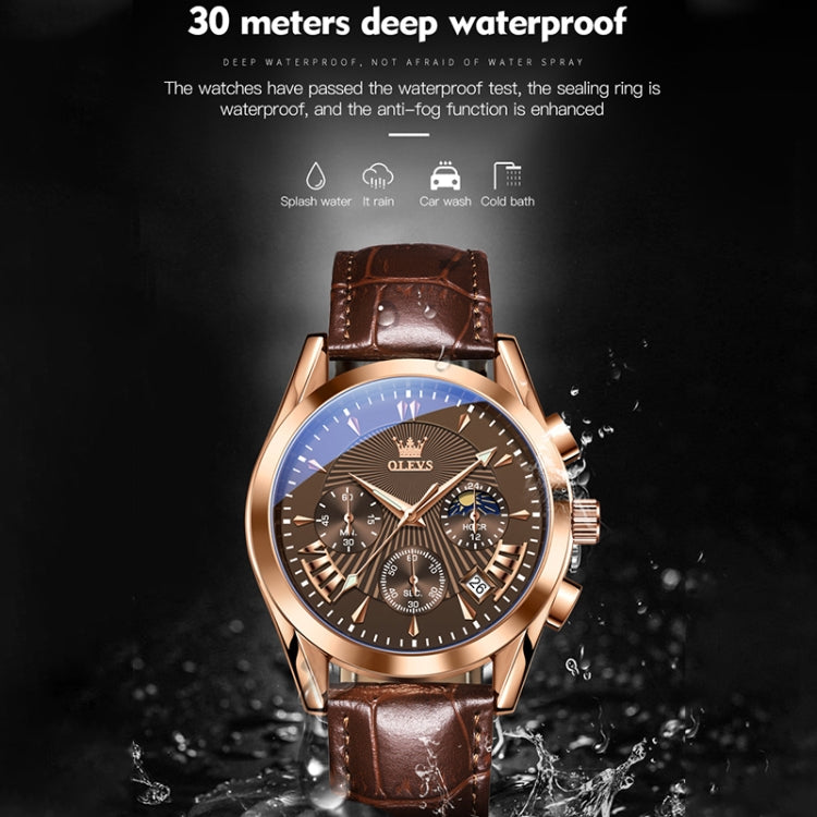 OLEVS 2876 Men Multifunctional Sports Chronograph Quartz Watch(Coffee + Rose Gold) - Leather Strap Watches by OLEVS | Online Shopping South Africa | PMC Jewellery | Buy Now Pay Later Mobicred