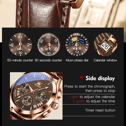 OLEVS 2876 Men Multifunctional Sports Chronograph Quartz Watch(Coffee + Rose Gold) - Leather Strap Watches by OLEVS | Online Shopping South Africa | PMC Jewellery | Buy Now Pay Later Mobicred