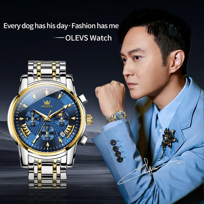 OLEVS 2892 Men Multifunctional Business Waterproof Quartz Watch(Blue + Gold) - Metal Strap Watches by OLEVS | Online Shopping South Africa | PMC Jewellery