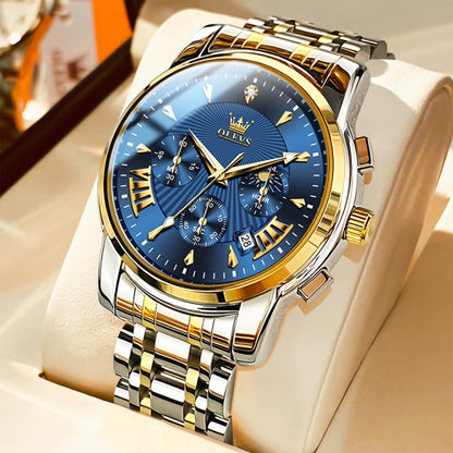 OLEVS 2892 Men Multifunctional Business Waterproof Quartz Watch(Blue + Gold) - Metal Strap Watches by OLEVS | Online Shopping South Africa | PMC Jewellery