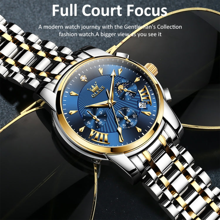 OLEVS 2892 Men Multifunctional Business Waterproof Quartz Watch(Blue + Gold) - Metal Strap Watches by OLEVS | Online Shopping South Africa | PMC Jewellery