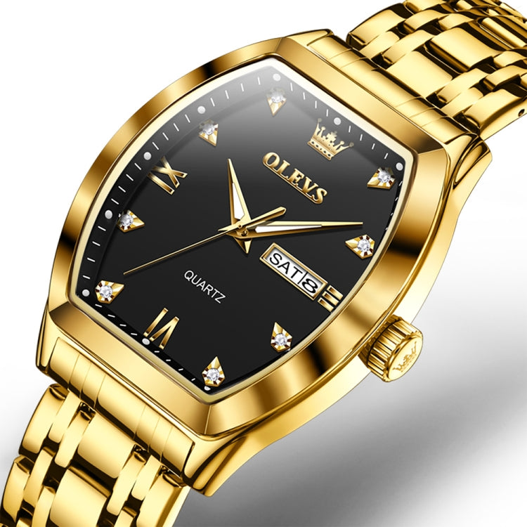 OLEVS 5528 Men Business Dual Calendar Wine Barrel Waterproof Quartz Watch(Black + Gold) - Metal Strap Watches by OLEVS | Online Shopping South Africa | PMC Jewellery