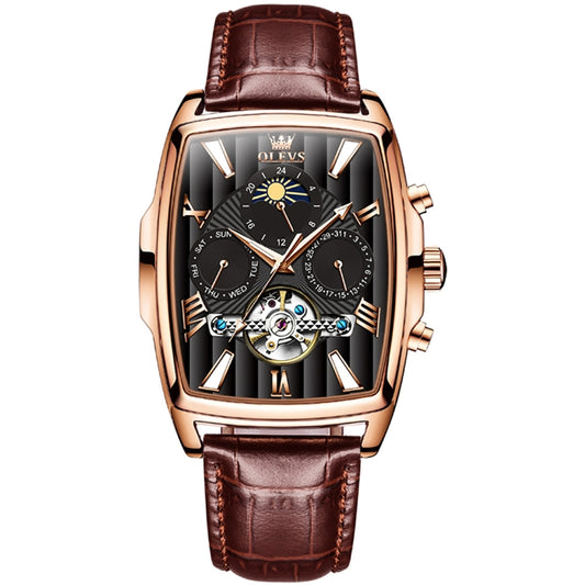 OLEVS 6675 Men Multifunctional Moon Phase Tourbillon Mechanical Watch(Black + Rose Gold) - Leather Strap Watches by OLEVS | Online Shopping South Africa | PMC Jewellery | Buy Now Pay Later Mobicred