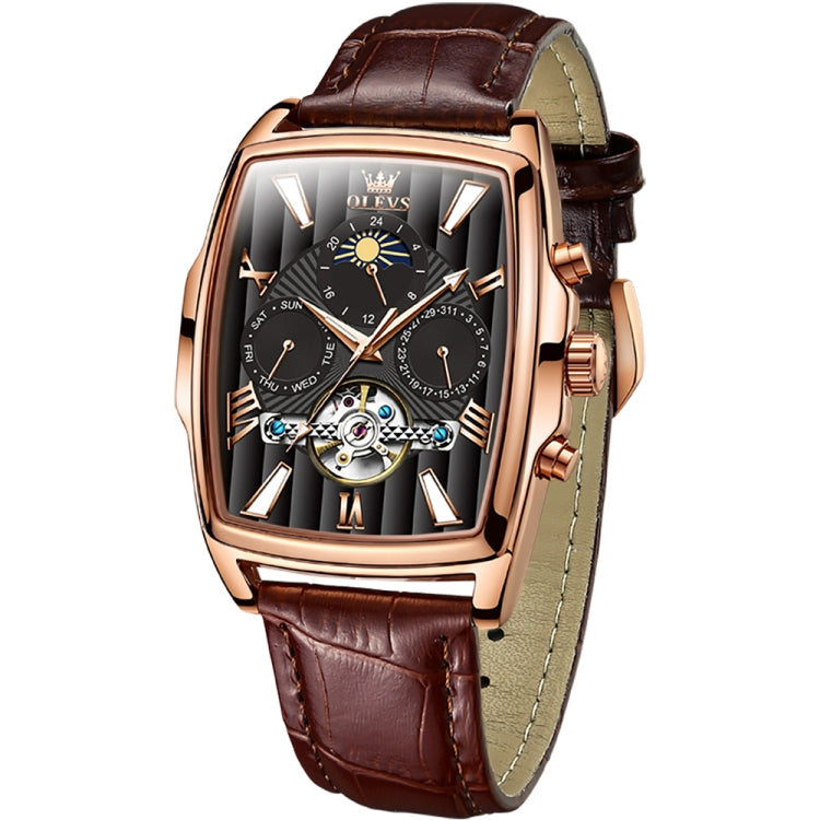 OLEVS 6675 Men Multifunctional Moon Phase Tourbillon Mechanical Watch(Black + Rose Gold) - Leather Strap Watches by OLEVS | Online Shopping South Africa | PMC Jewellery | Buy Now Pay Later Mobicred